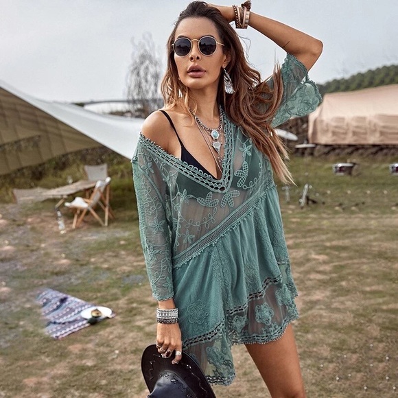 Dolly Boho Crochet Cotton Floral Inlay Lace Mini Dress Beach CoverUp - Picture 4 of 5